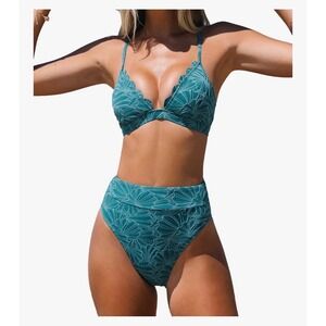 CUPSHE Bikini Set High‎ Waisted Scalloped V Neck Two Pieces Swimsuit Sz Medium